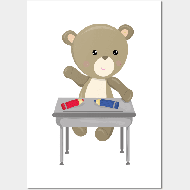 Bear Going To School, Brown Bear, Cute Bear, Desk Wall Art by Jelena Dunčević